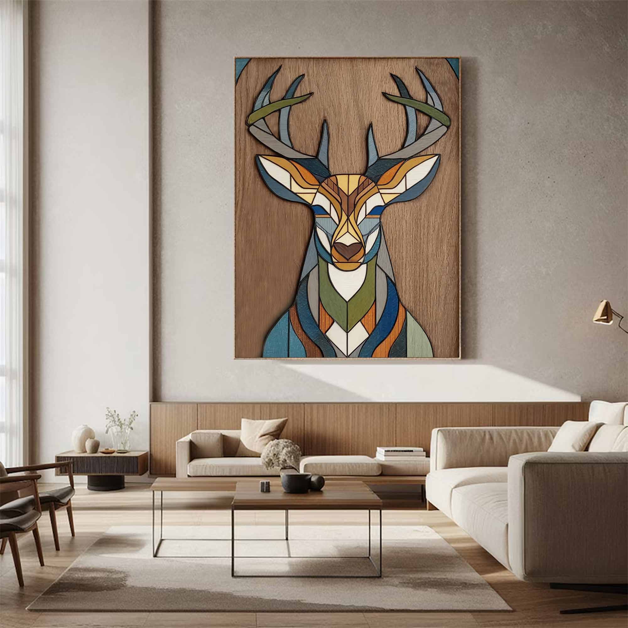 colorful Abstract wooden deer art Living room geometric deer decor