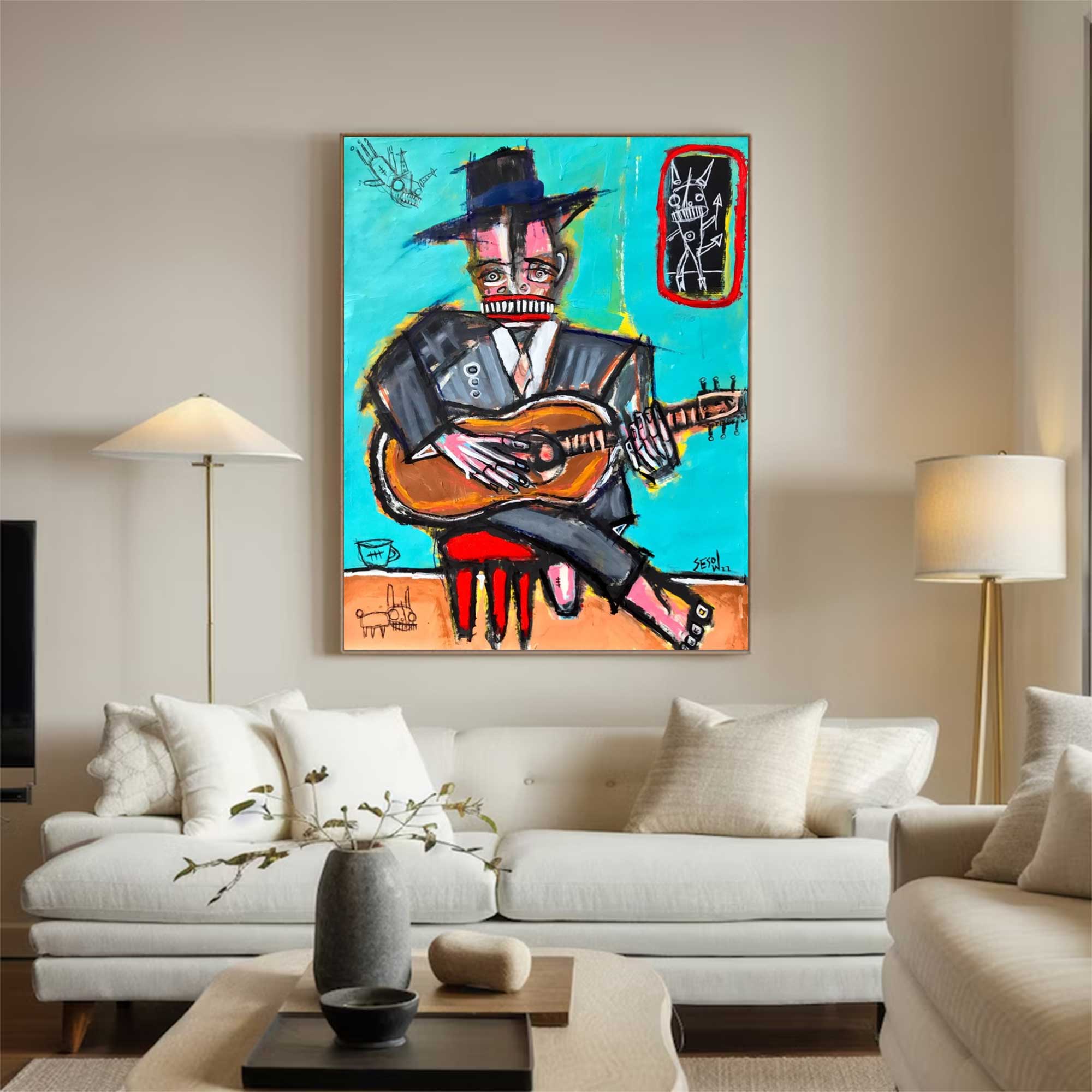 Basquiat style Blue abstract art Basquiat Colorful abstract painting
