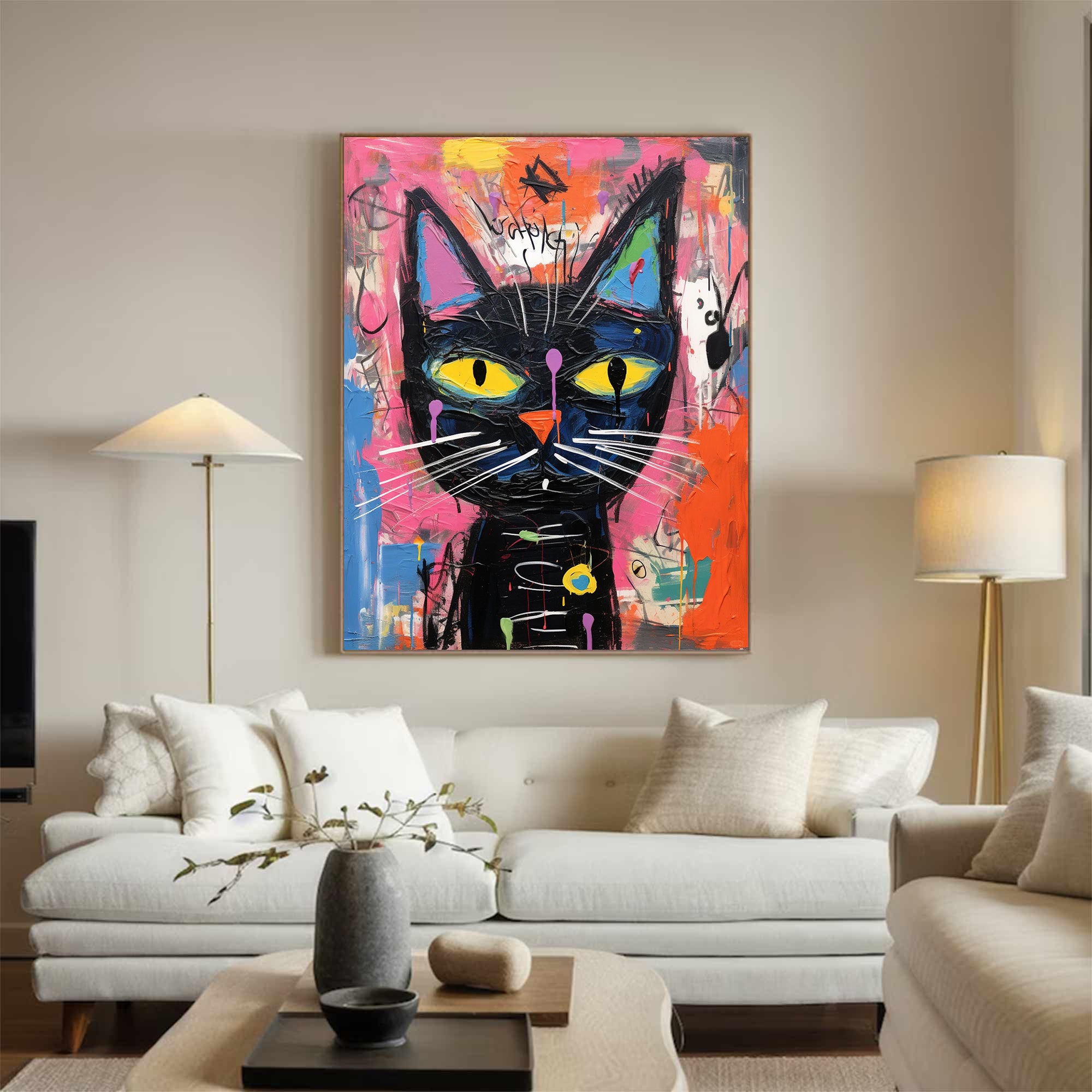 Colorful Pop Art Cat Canvas Modern Street Art Cat Urban Art Cat Decor