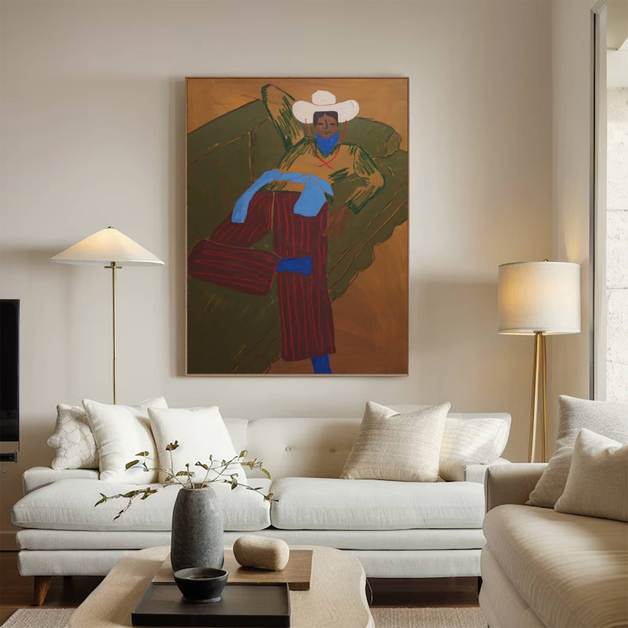 Retro Cowboy Portrait Art Painting contemporary Quirky Male Figure Decor