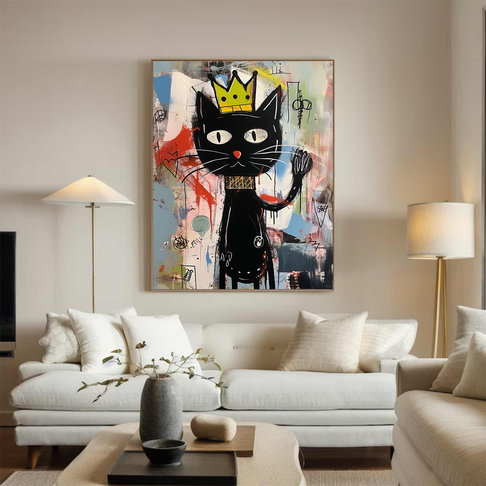 Graffiti Black Cat Painting Colorful Pop Art Canvas,Street Art Cat Wall Decor