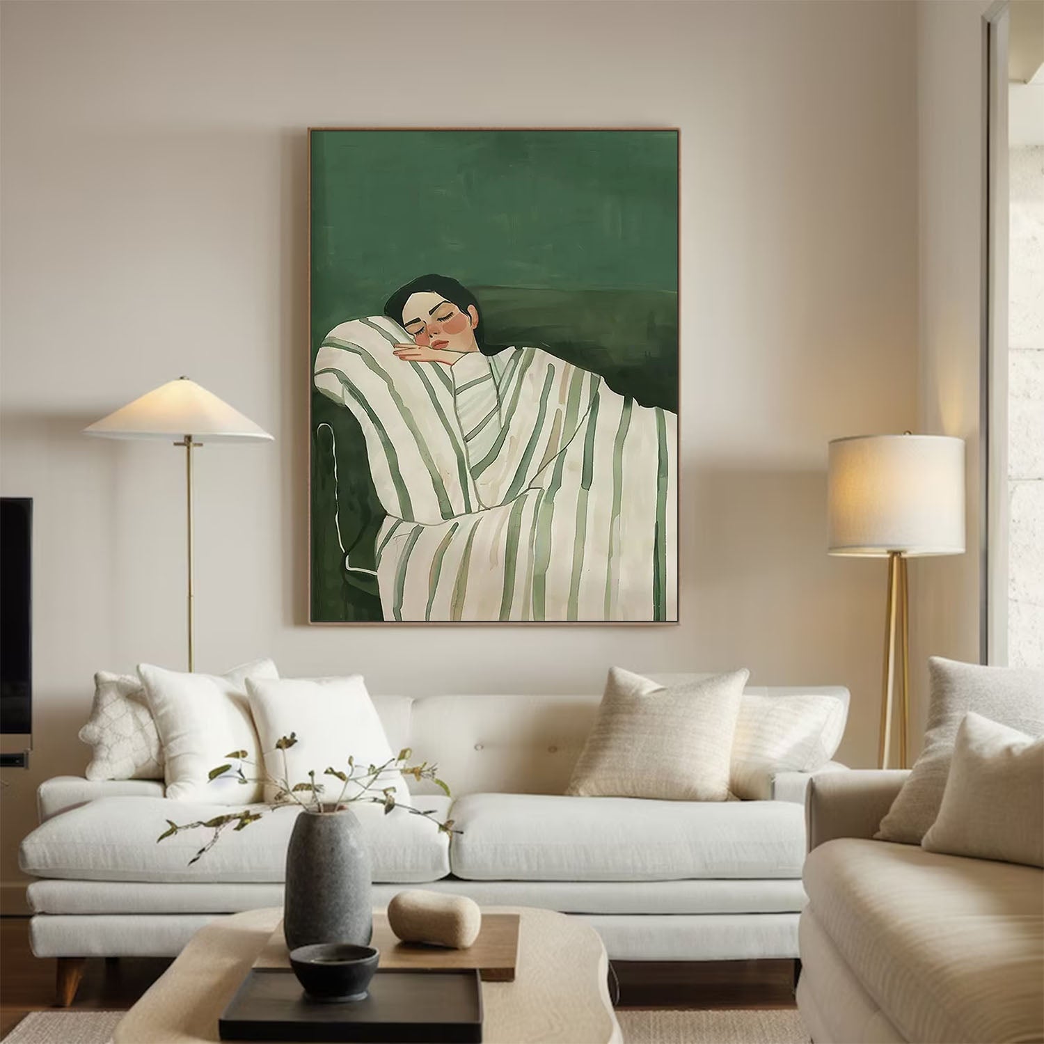 Mid-century Modern Sleeping Girl Oil Painting, Minimalist Green Wall Art