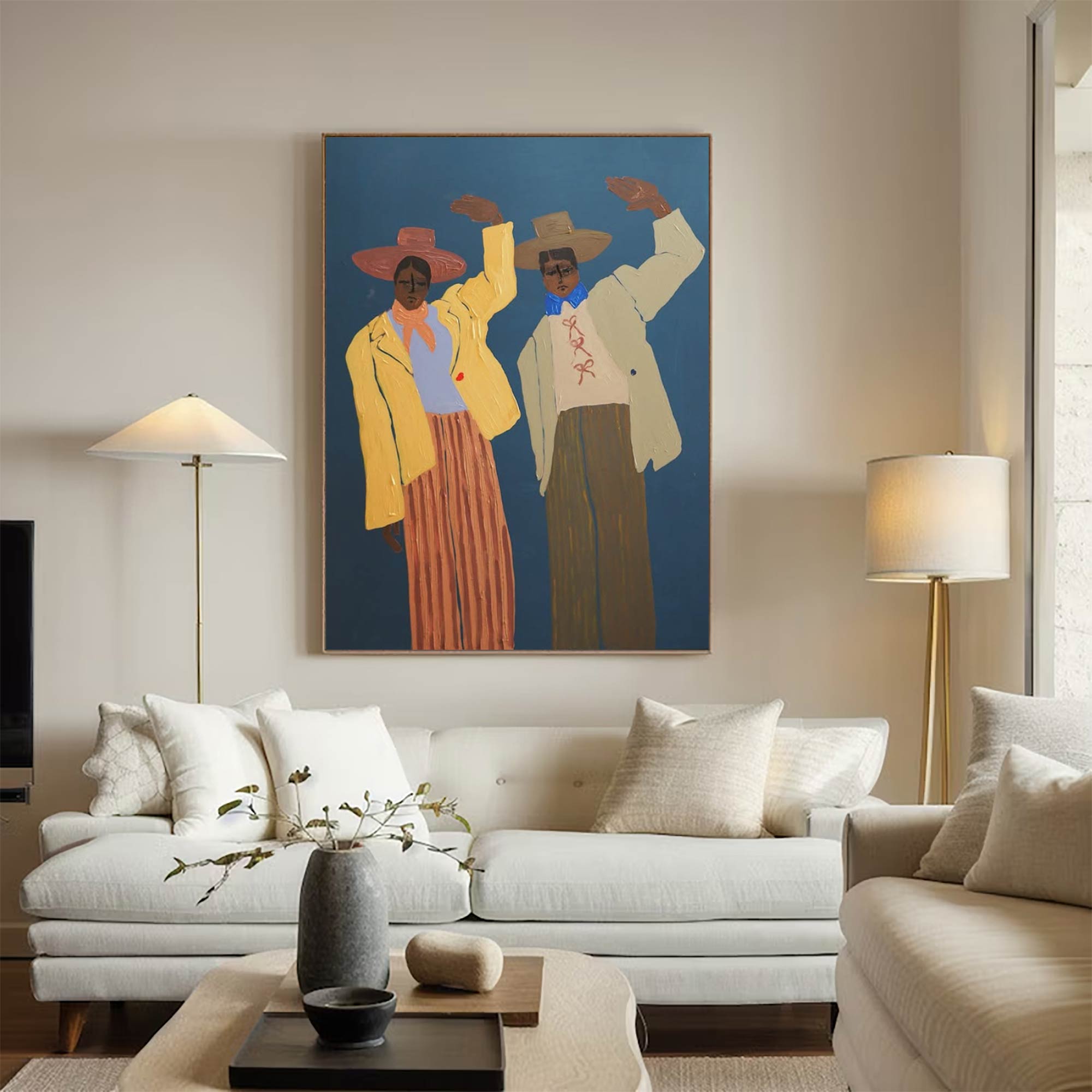 contemporary folk style male figure duo art Vintage Fashion Art Painting