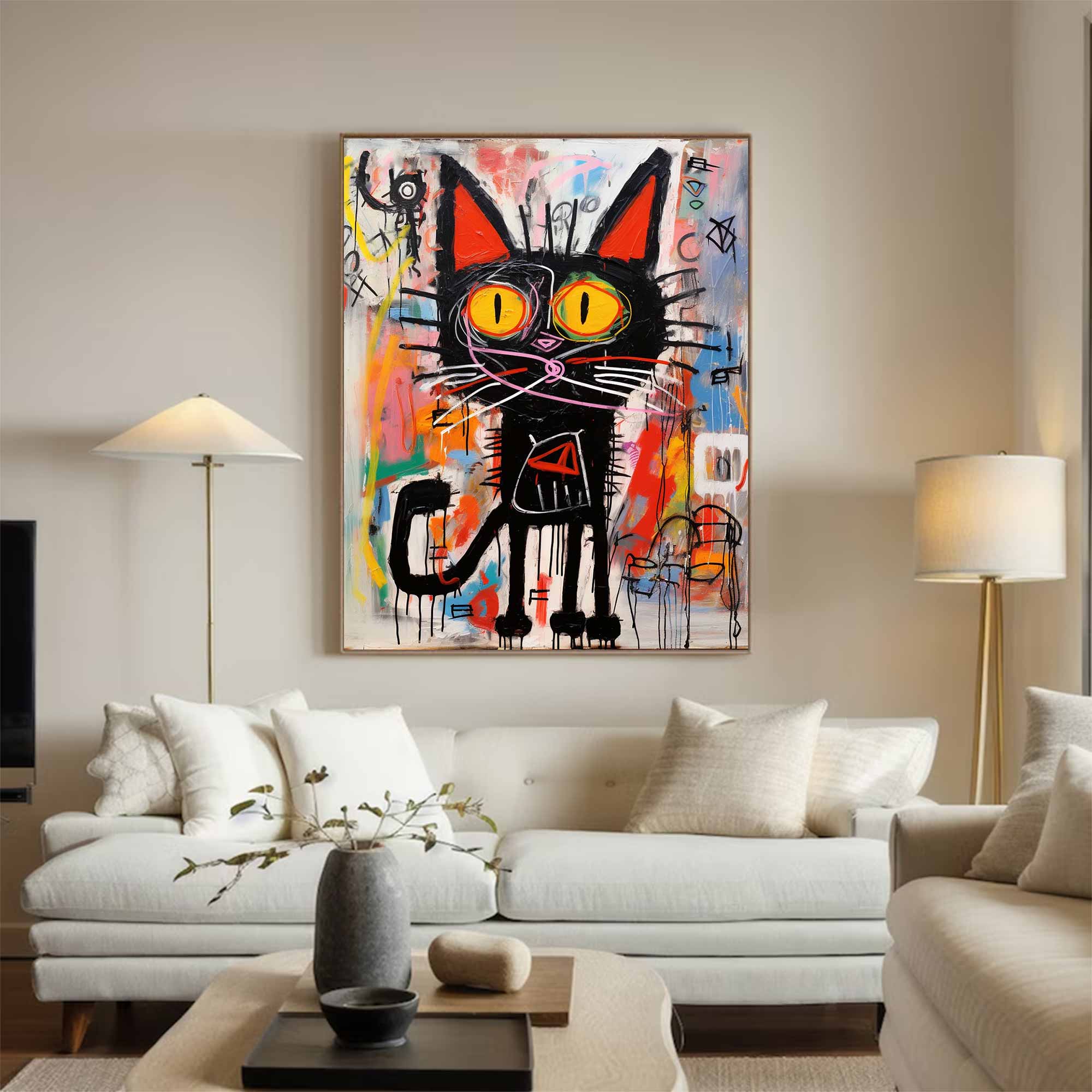 Colorful Pop Art Cat Canvas Abstract Cat Wall Art Modern Street Art Cat