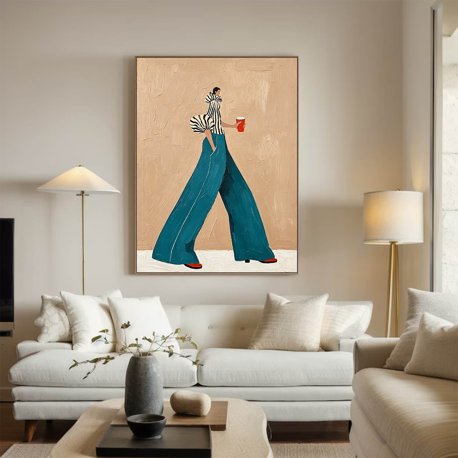 Modern Fashion Wall Art–Woman in Striped Top & Teal Pants Canvas Painting–Stylish Canvas Artwork