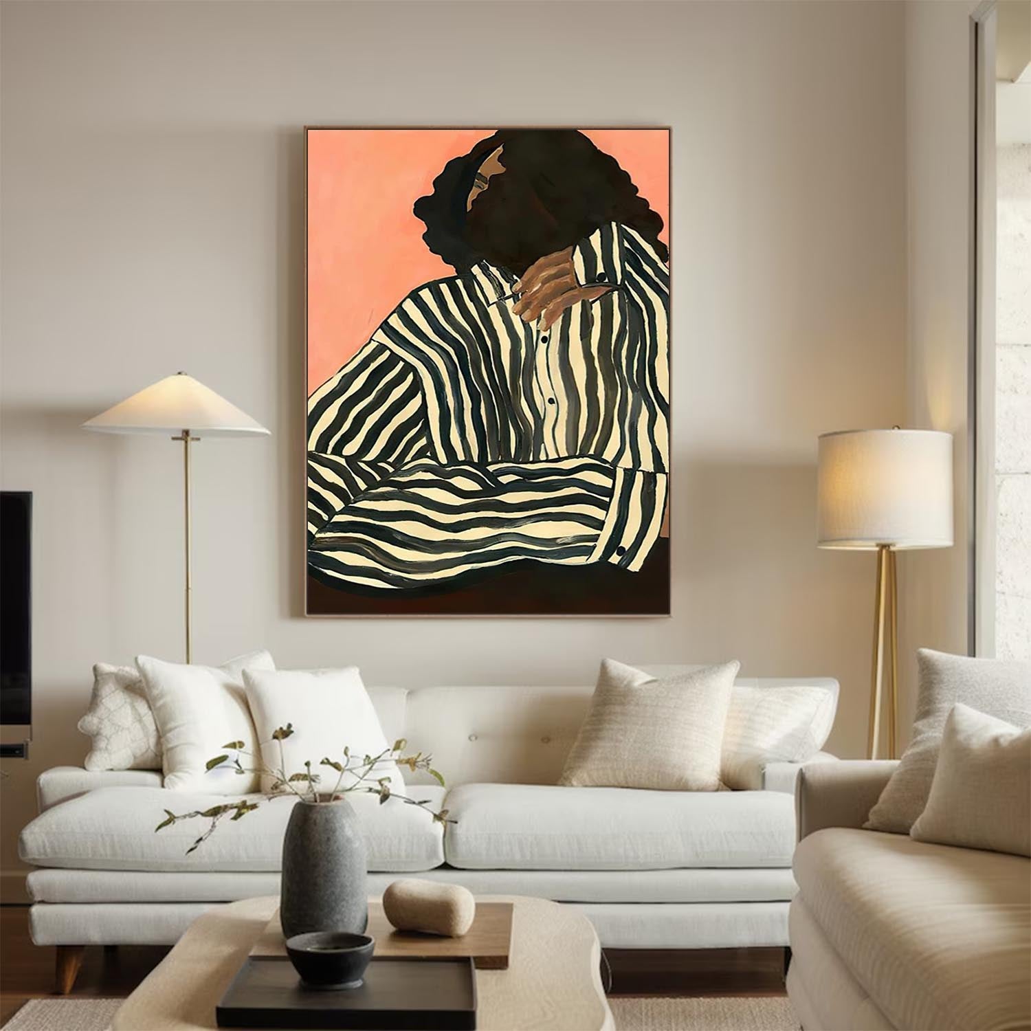 Chic Abstract Canvas Painting – Woman in Striped Shirt – Minimalist Modern Wall Art for Home