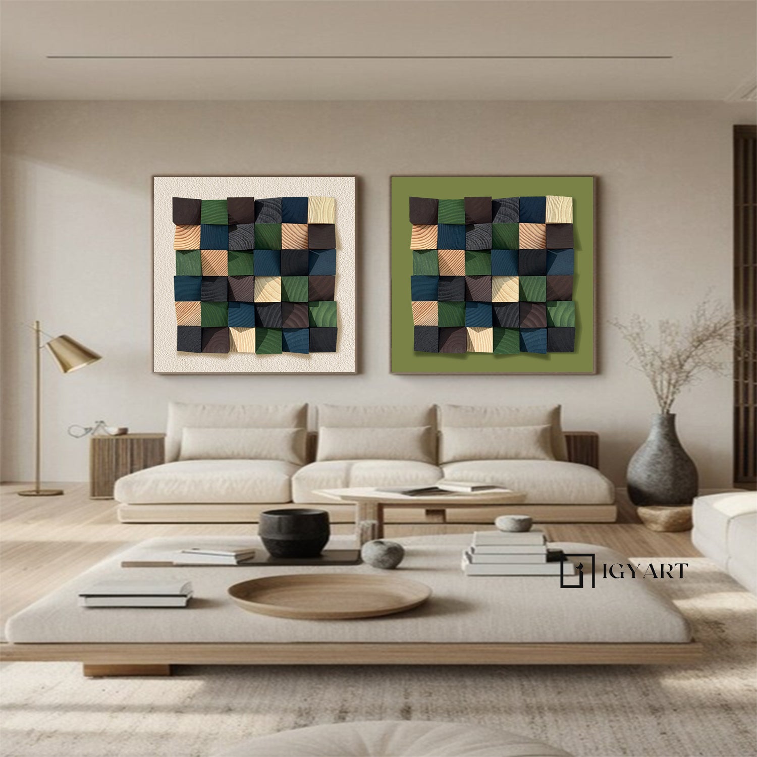 Set of 2 Green wood Textured Art Colorful Set of 2 Wood decor painting