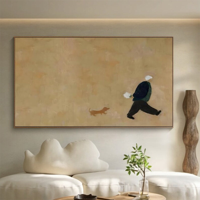 Man and Puppy Walking oil Painting Beige Minimalist Wall Art