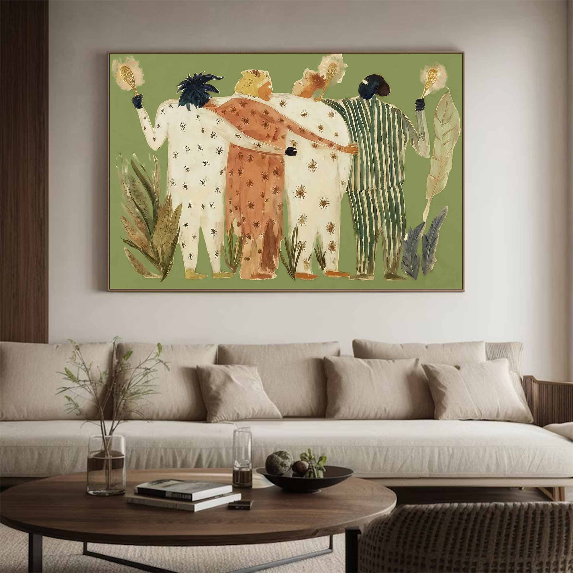 Abstract figure painting, colorful figure graffiti wall decor painting green graffiti art