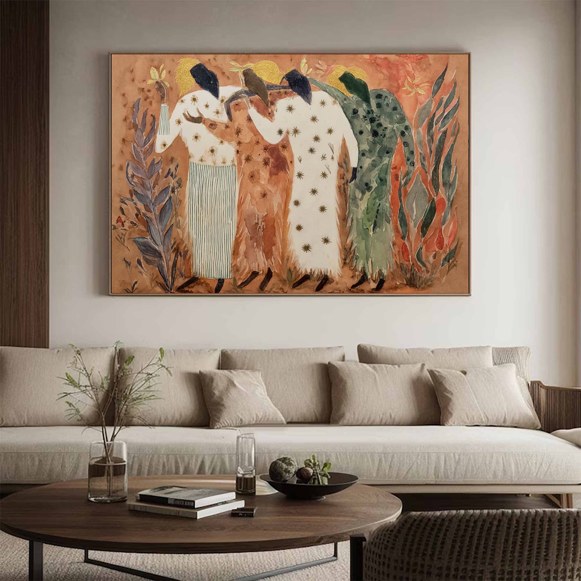 Modern style watercolor art Primitive style figure art Folk art figurative painting