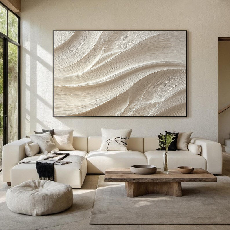 Cream White Sculptured art Wood carving wall art Textured Wall Decor