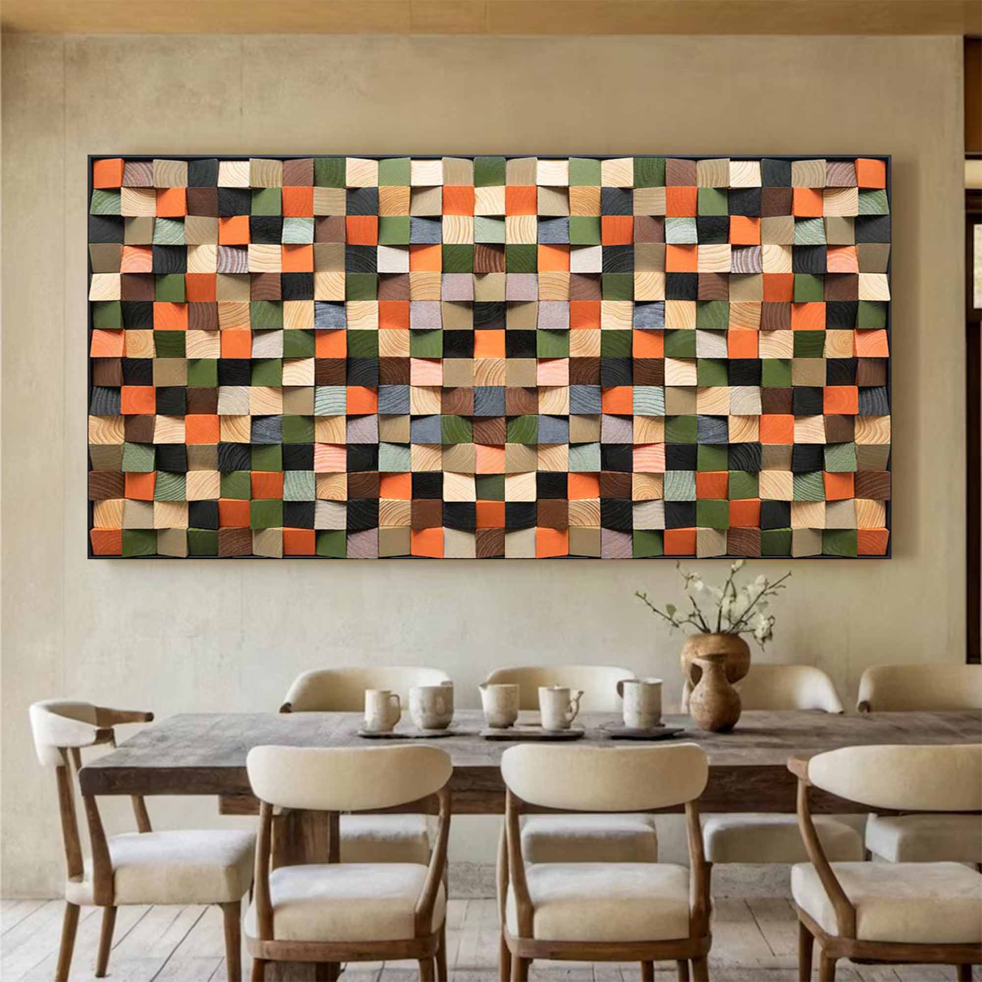 Geometric Wood Wall Art Green Textured Wall art Green Sculptured art