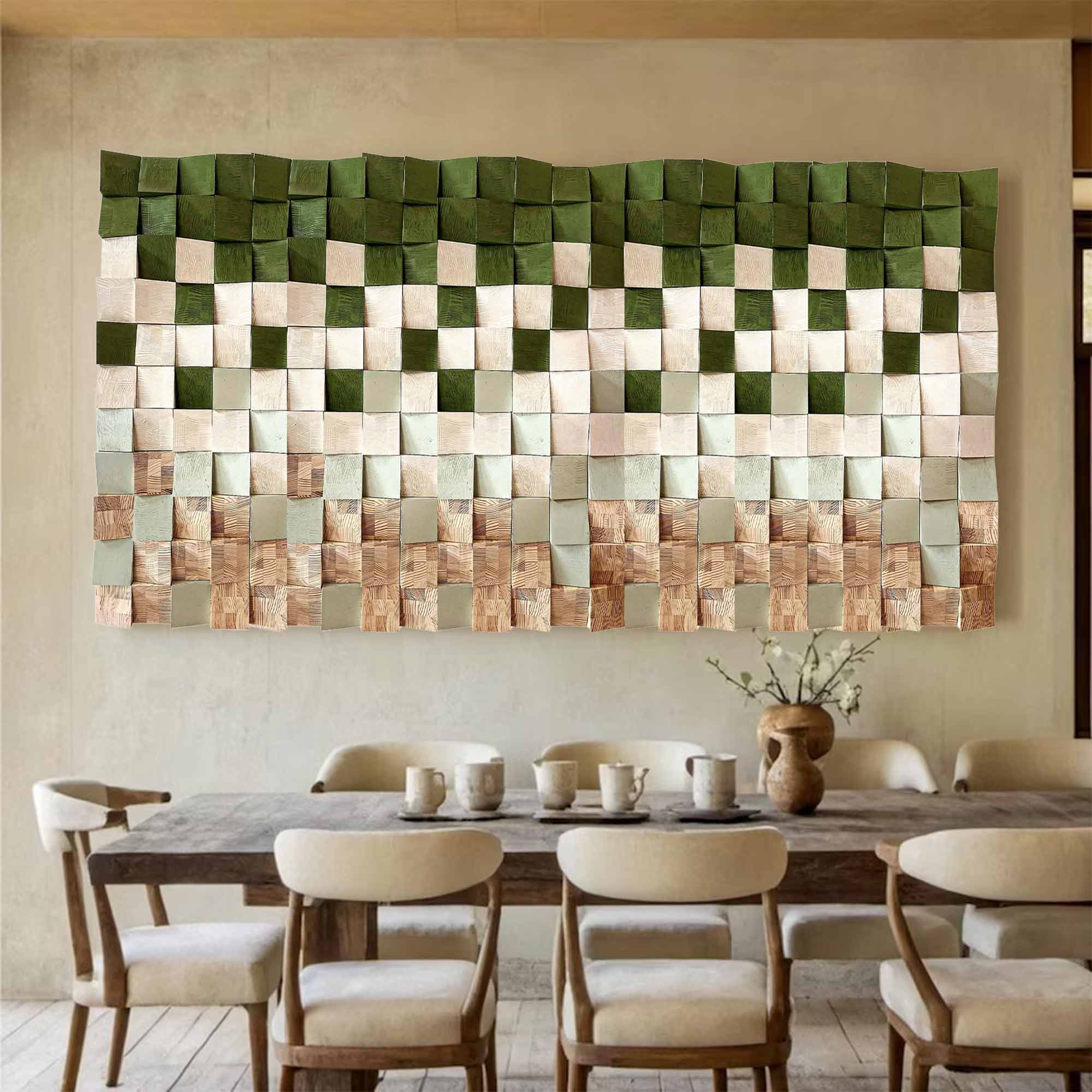 Green Geometric Wood Art Textured Wall Sculpture Wood carving wall art