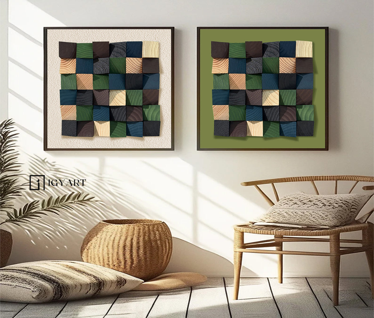 Set of 2 Green wood Textured Art Colorful Set of 2 Wood decor painting
