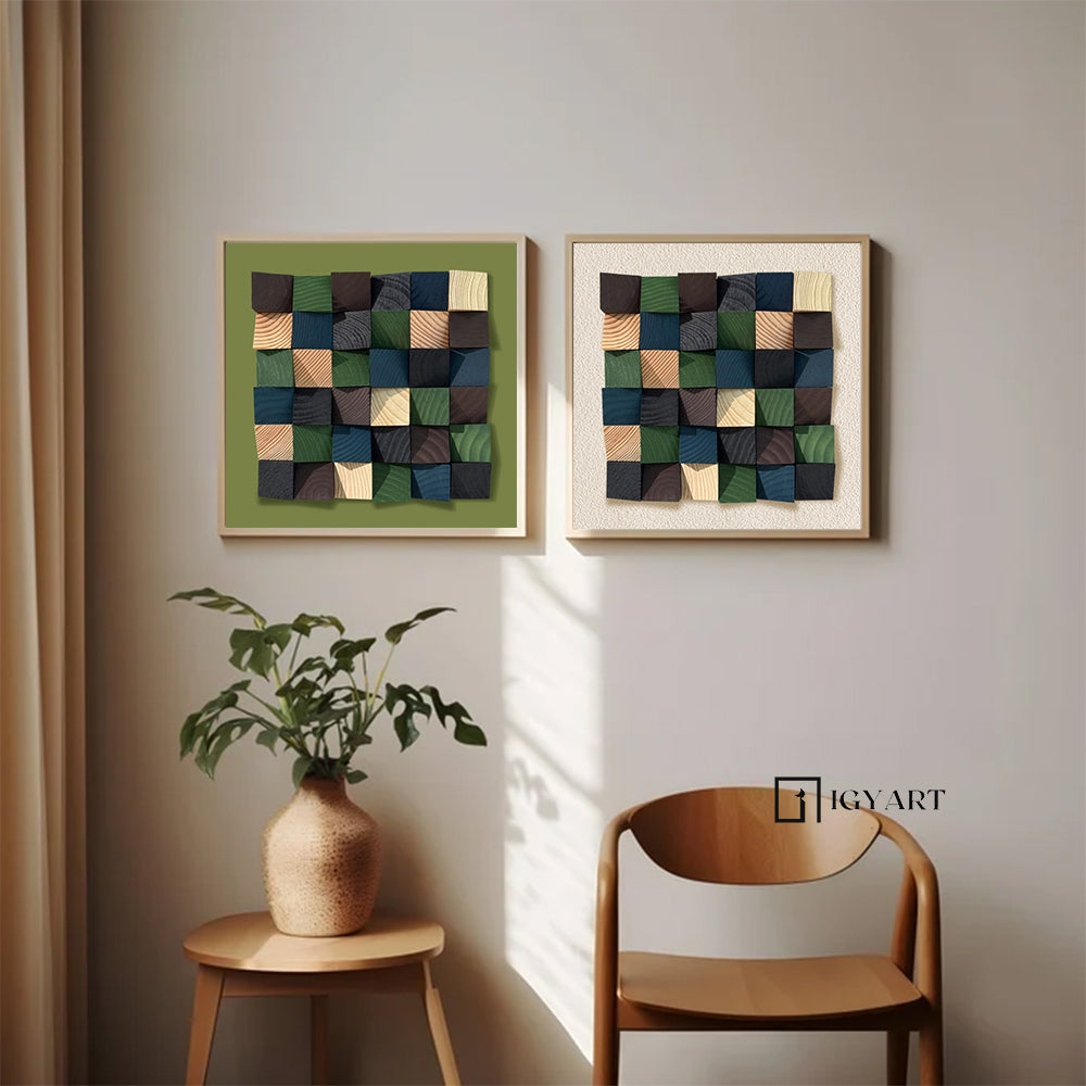 Set of 2 Green wood Textured Art Colorful Set of 2 Wood decor painting