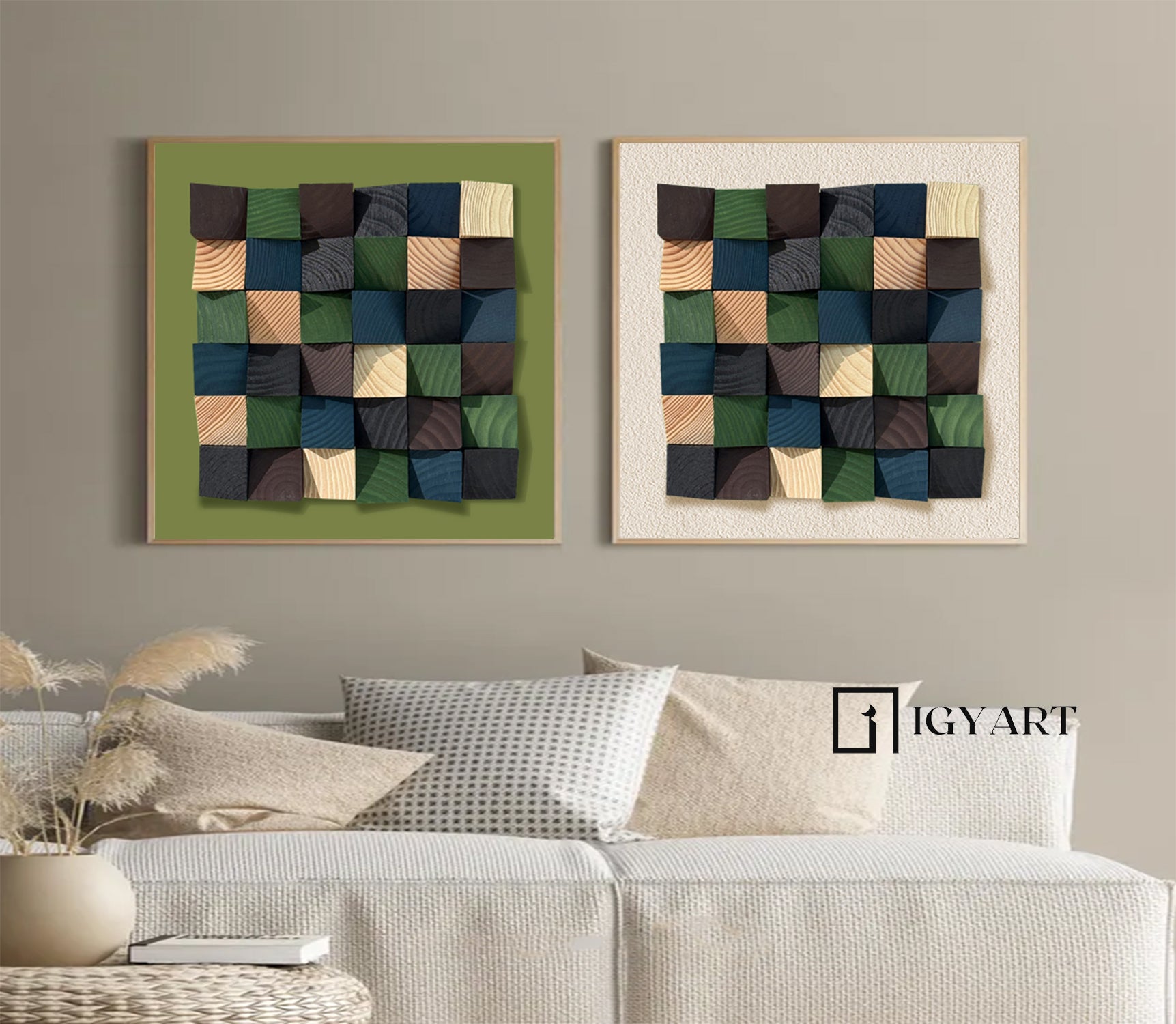 Set of 2 Green wood Textured Art Colorful Set of 2 Wood decor painting