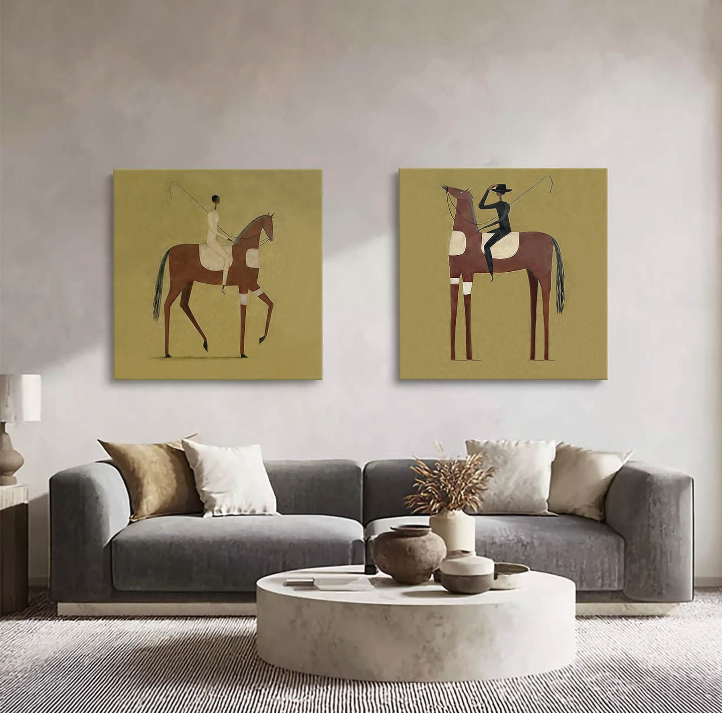 Hand-Painted Set of 2 Modern Equestrian Painting Minimalist Horse & Rider Canvas Art