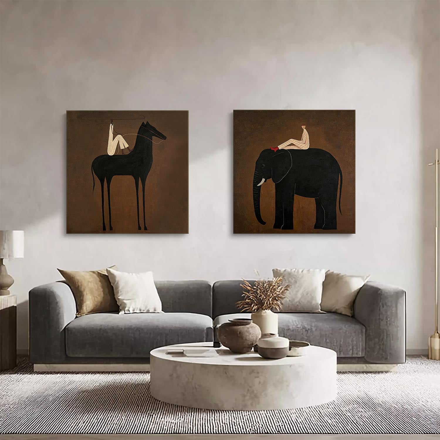Set of 2 Original Hand-Painted Contemporary Wall Decor Modern Horse & Elephant Set Painting