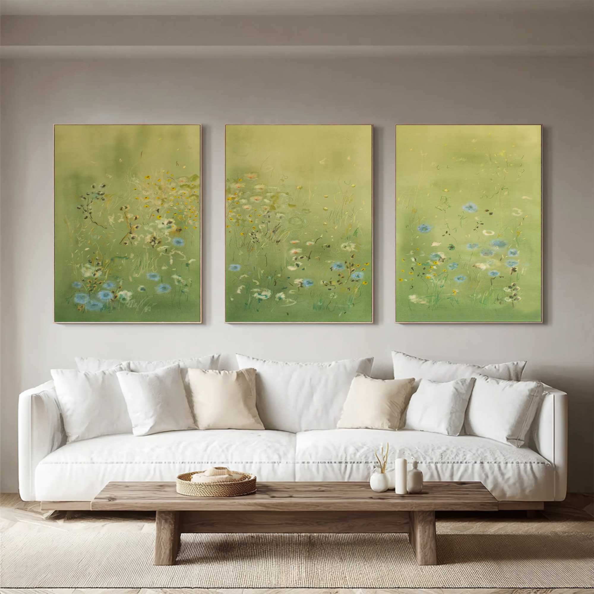 Set of 3 Green Flower abstract Painting Green landscape abstract painting