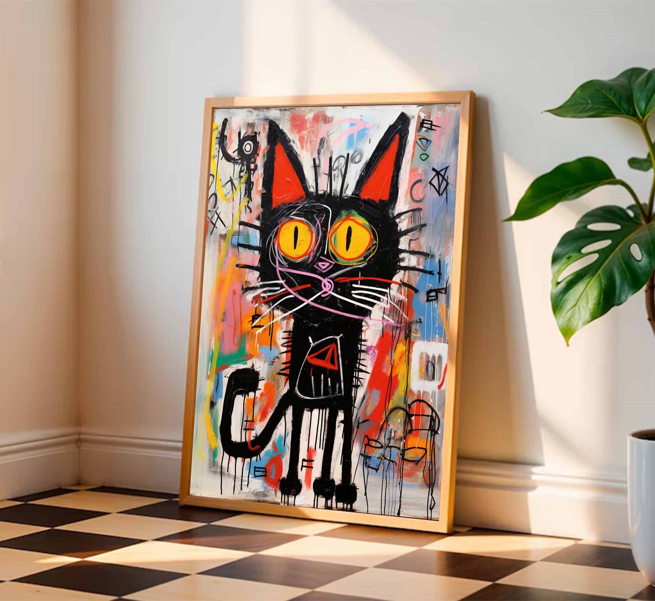 Colorful Pop Art Cat Canvas Abstract Cat Wall Art Modern Street Art Cat