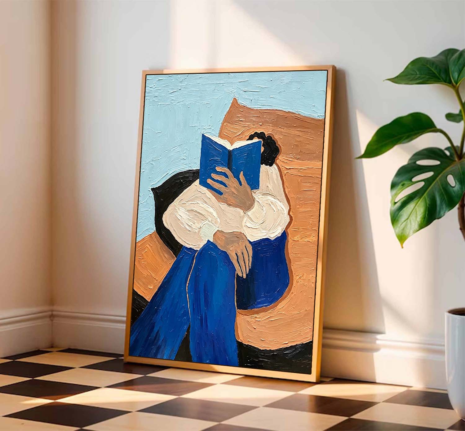 Thick Impasto Oil Painting Girl Reading Book, 3D Textured Modern Wall Art