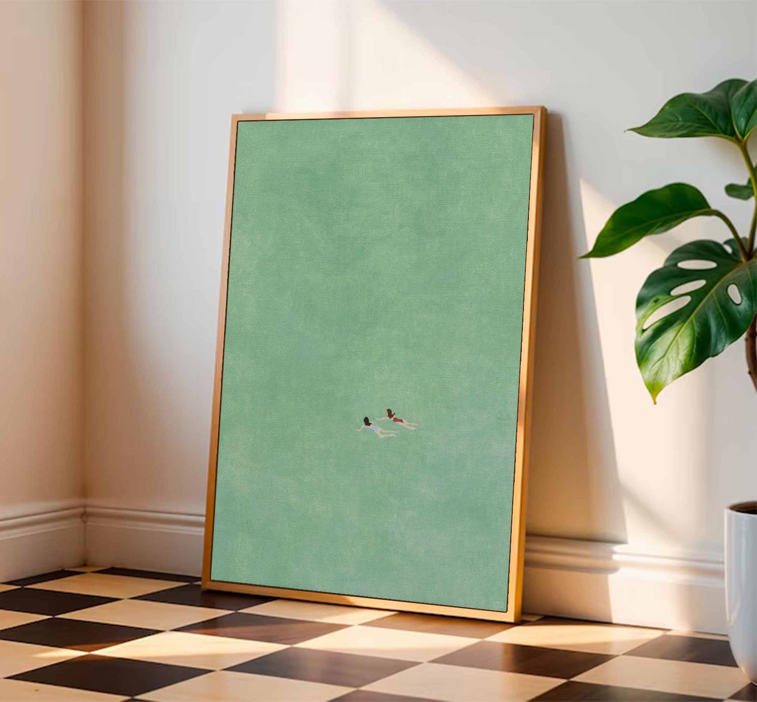 two girls swimming painting,Swimming Drawing Large green wall art, Green Minimalist Painting