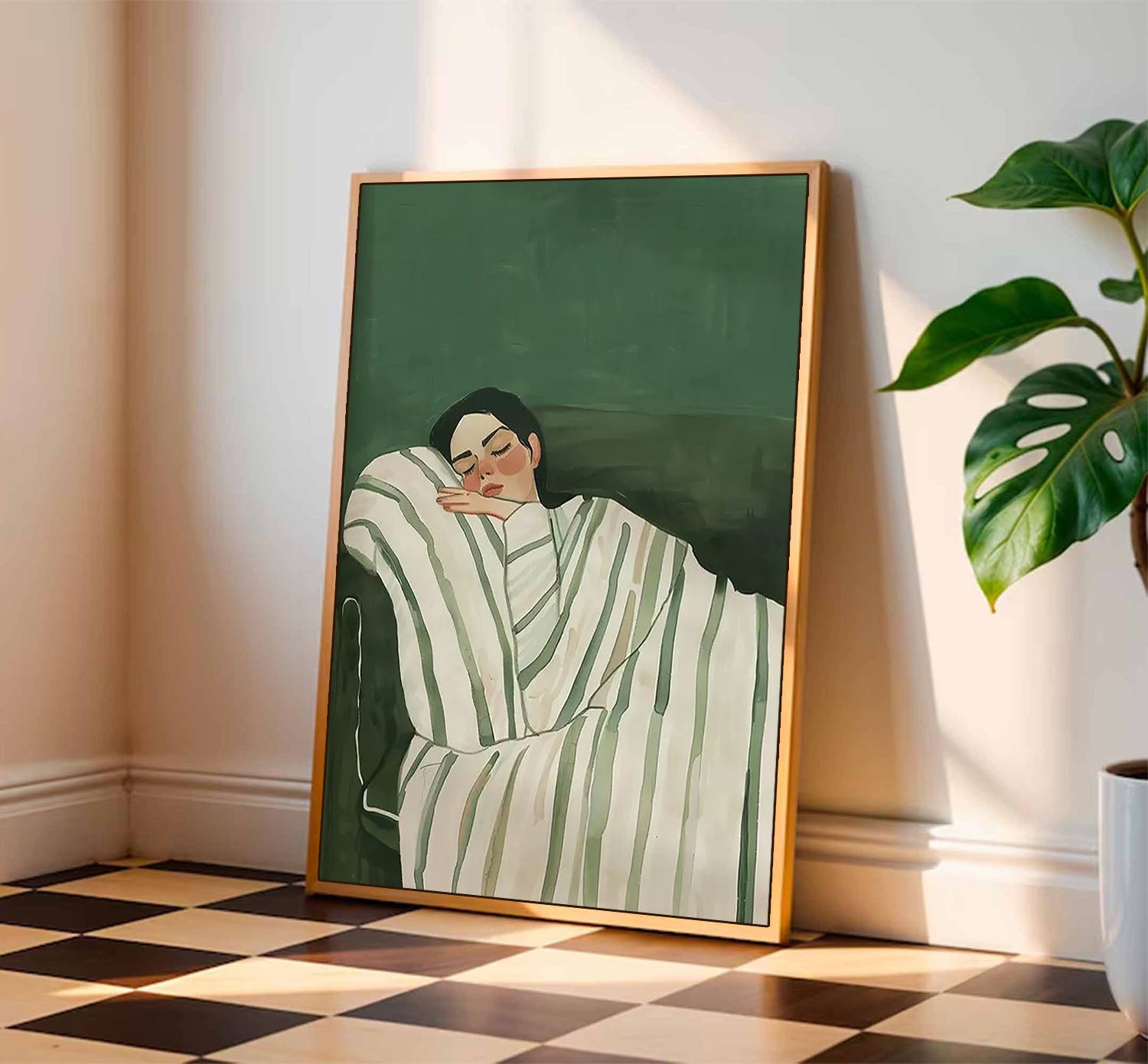Mid-century Modern Sleeping Girl Oil Painting, Minimalist Green Wall Art