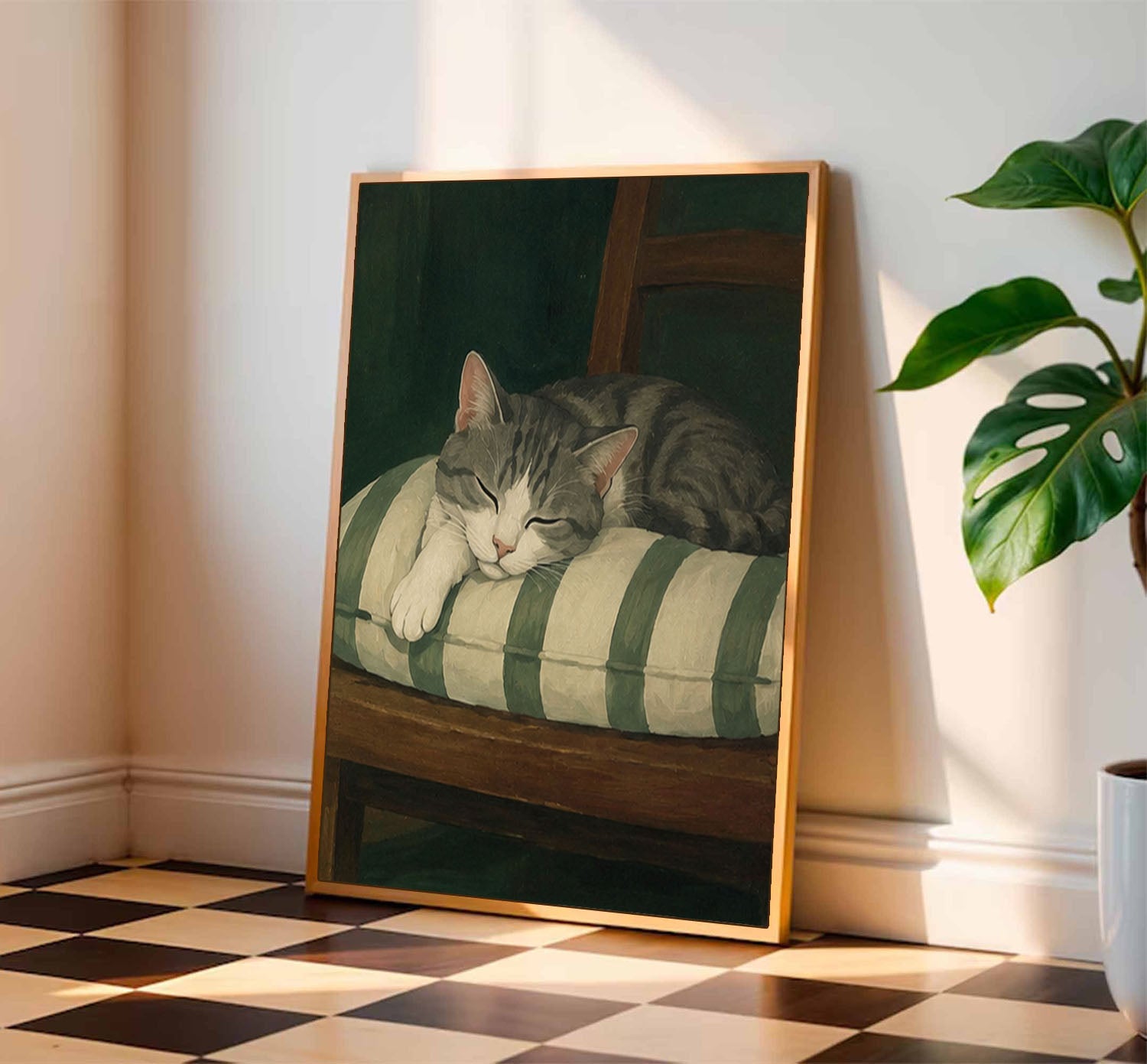 Mid-century Modern Sleeping Cat Oil Painting Modern Wabi-Sabi Style Pet Portrait art