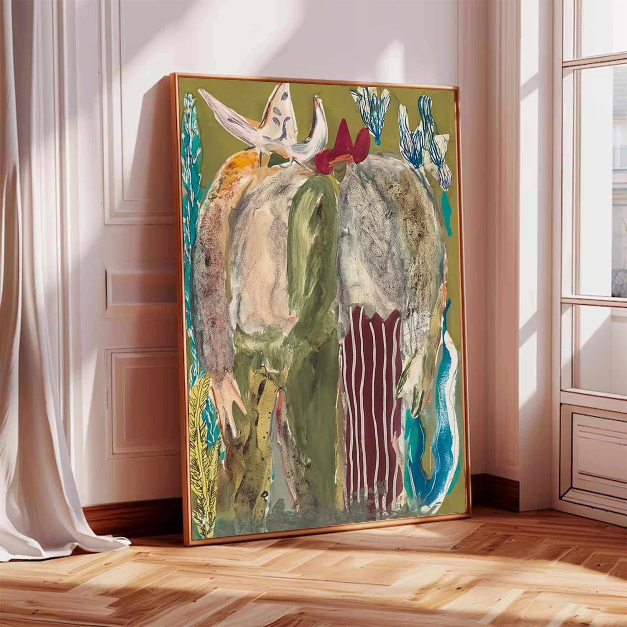 Retro Portrait Art Contemporary Folk Painting Bold Color Figurative Art