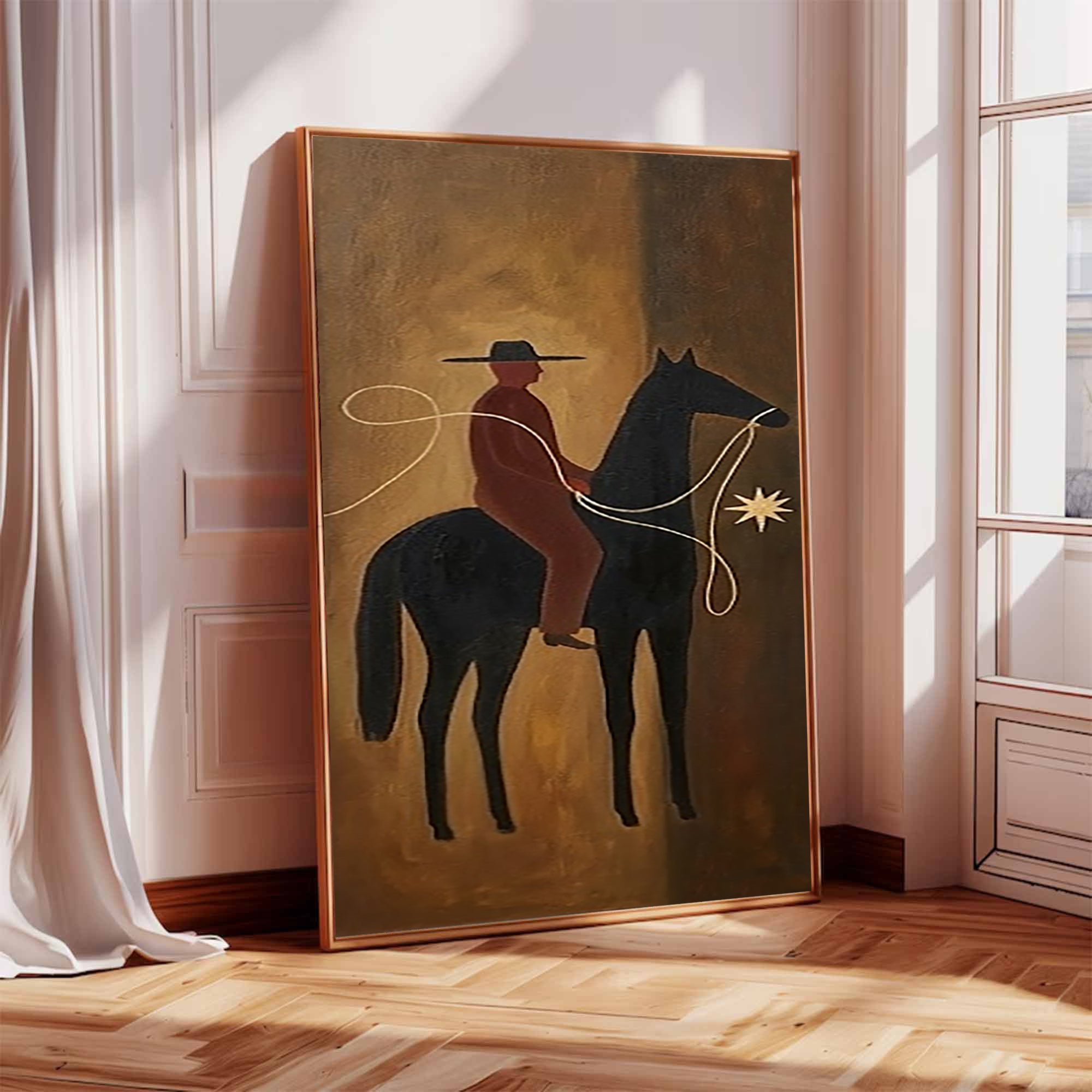 Mid-century Modern Folk Art Boho Wall Art Equestrian Oil Painting