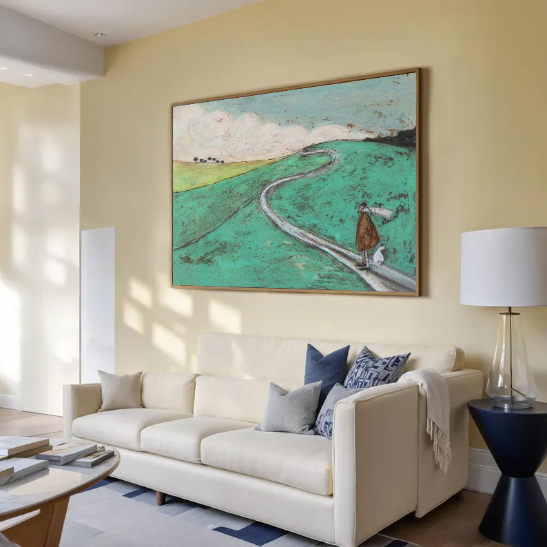Modern Landscape Oil Painting, Whimsical Man and Dog on Winding Road, Minimalist Green Nature Wall Art
