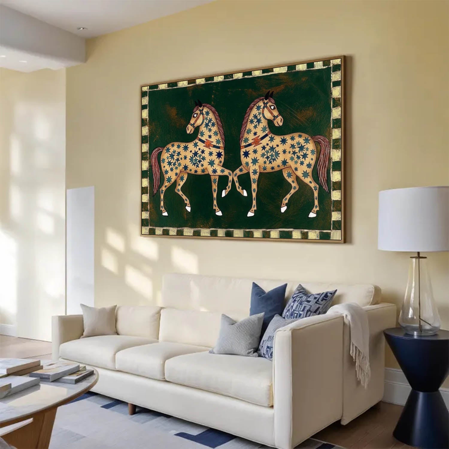 Mid-Century Modern Twin Horses Oil Painting - Folk Art Celestial Stars on Dark Green Canvas