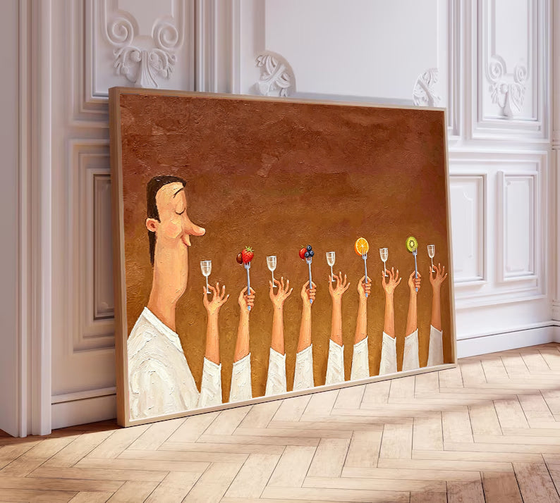 Humorous Kitchen Wall Art, Hand Painted Oil Painting, Large Wall Decor for Foodie Gift.