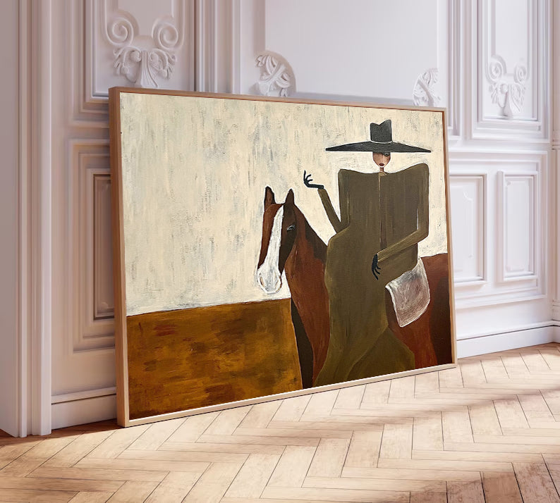 Modern Woman and Horse Painting Mid-century Modern Woman Painting