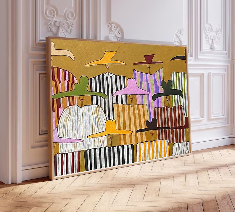 Large Abstract Pop Art Oil Painting for living room- Colorful Chic Ladies in Sun Hats