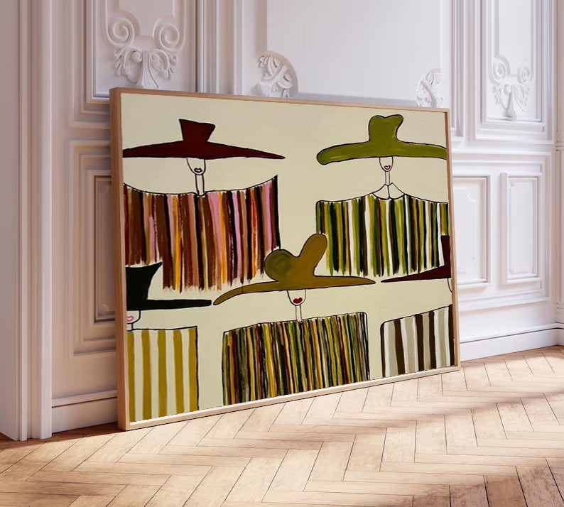 Hand-painted textured women in hats painting Minimalist olive green abstract figurative art