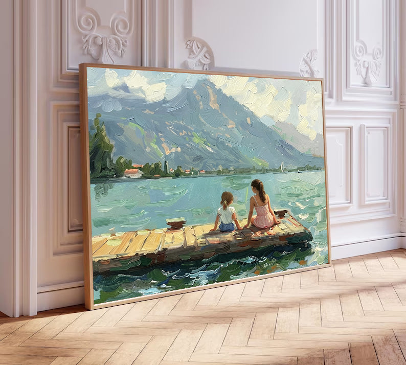 green landscape abstract painting two girls Summer lakeside landscape art