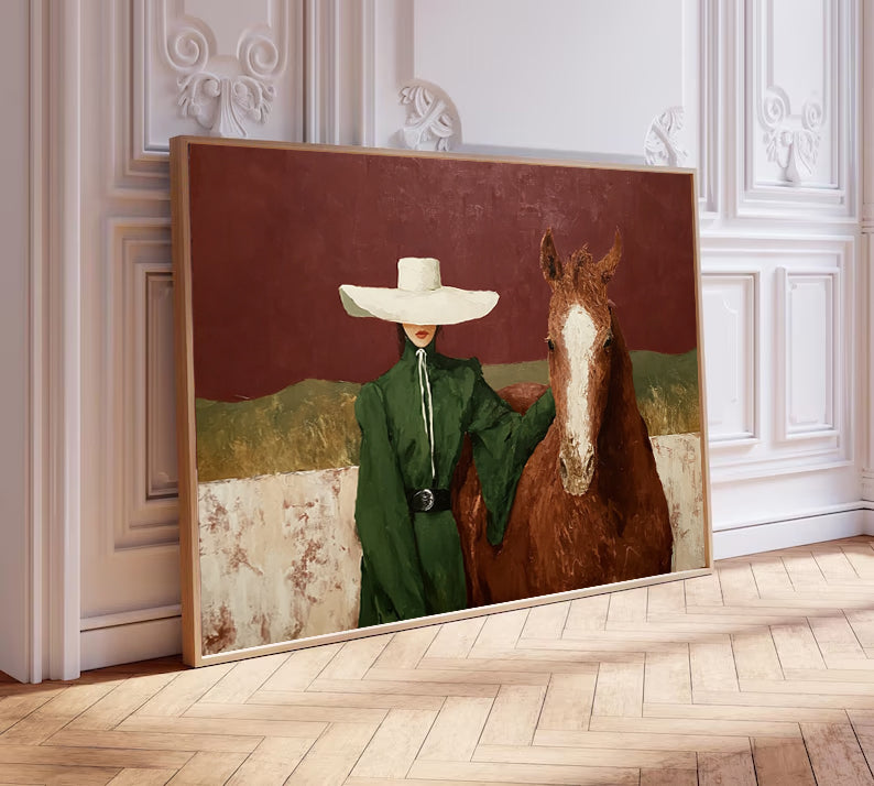 Modern Woman and Horse Painting Earthy Tones Boutique Hotel Art