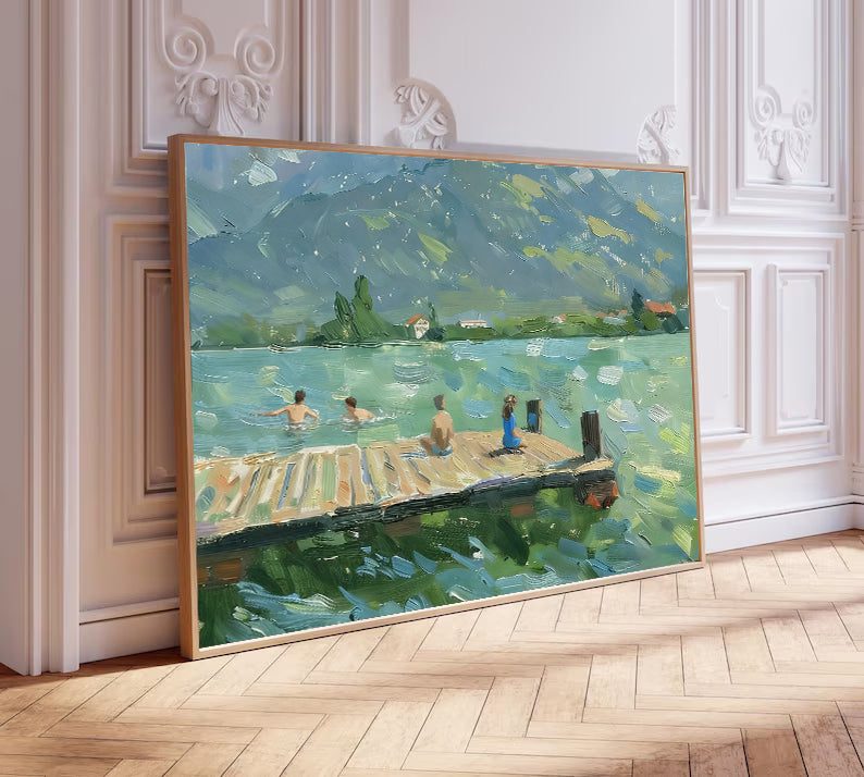 Family Summer lakeside landscape art green landscape abstract painting