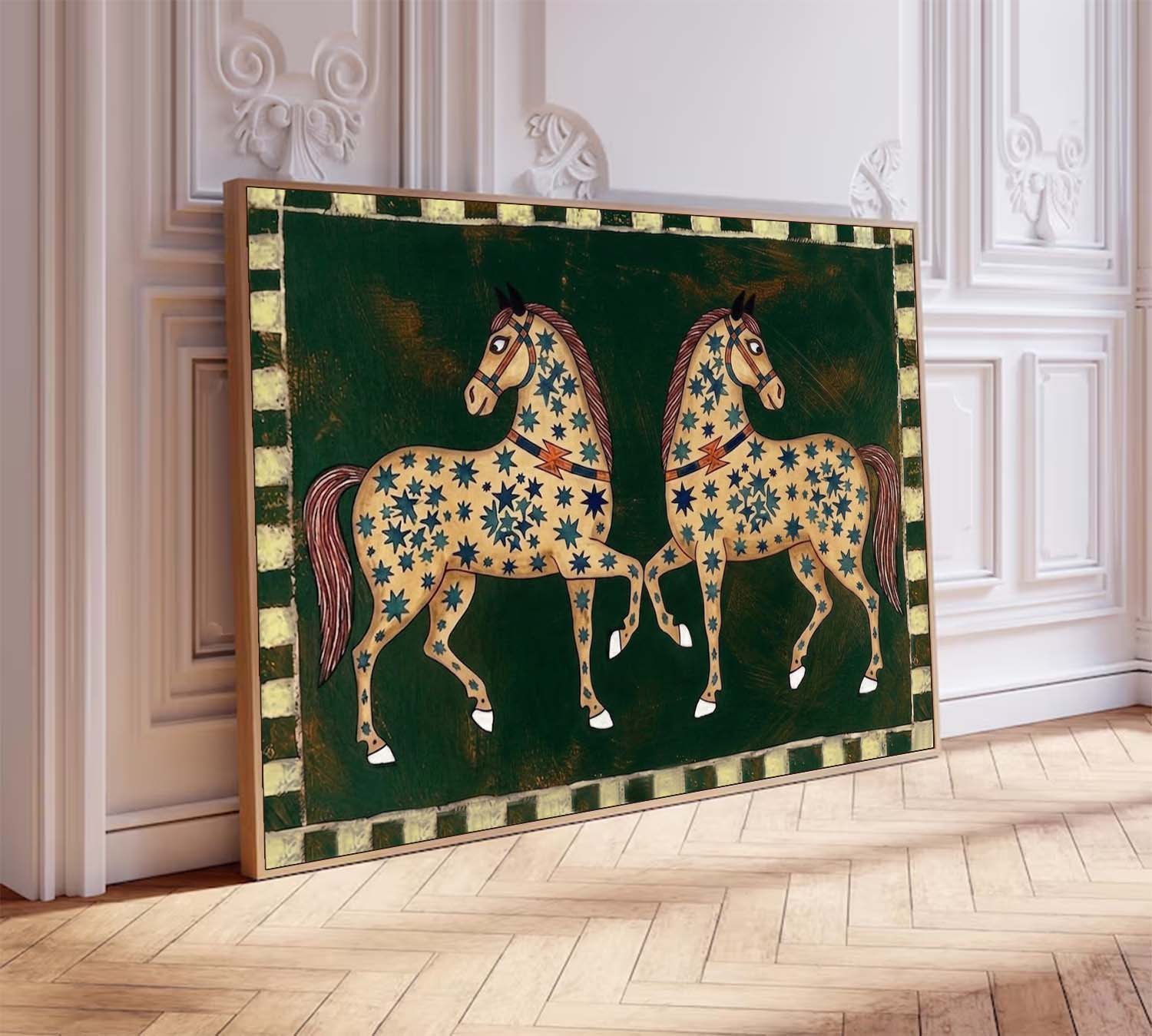 Mid-Century Modern Twin Horses Oil Painting - Folk Art Celestial Stars on Dark Green Canvas