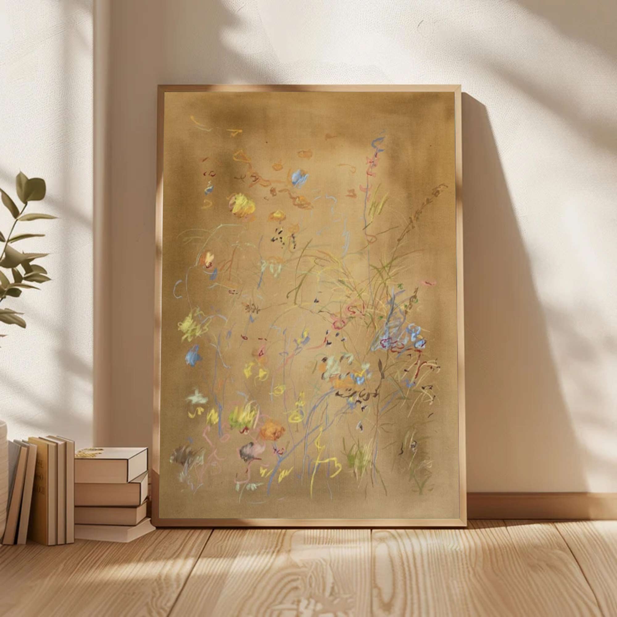 Earth color flower painting brown abstract painting, brown plant wall painting