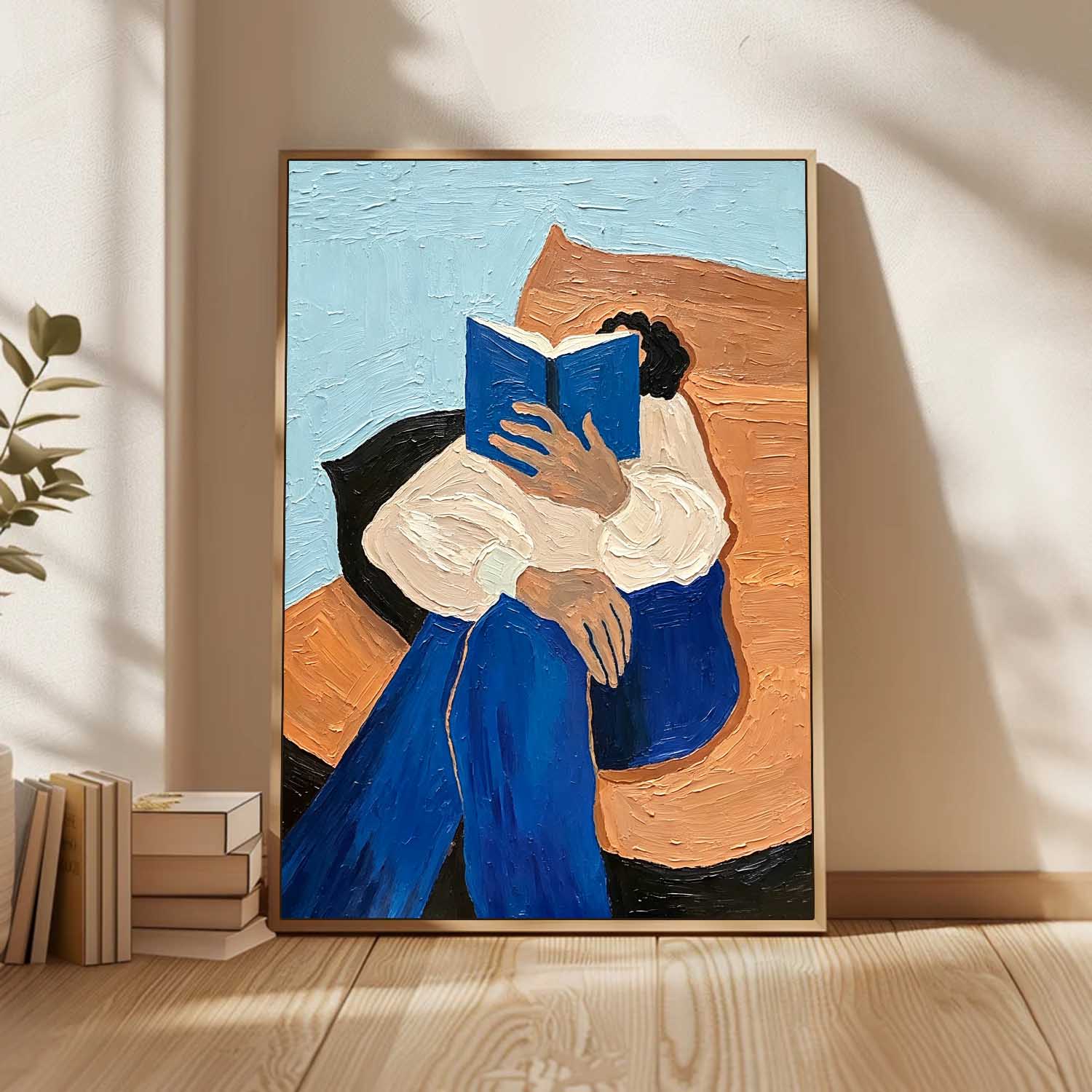 Thick Impasto Oil Painting Girl Reading Book, 3D Textured Modern Wall Art