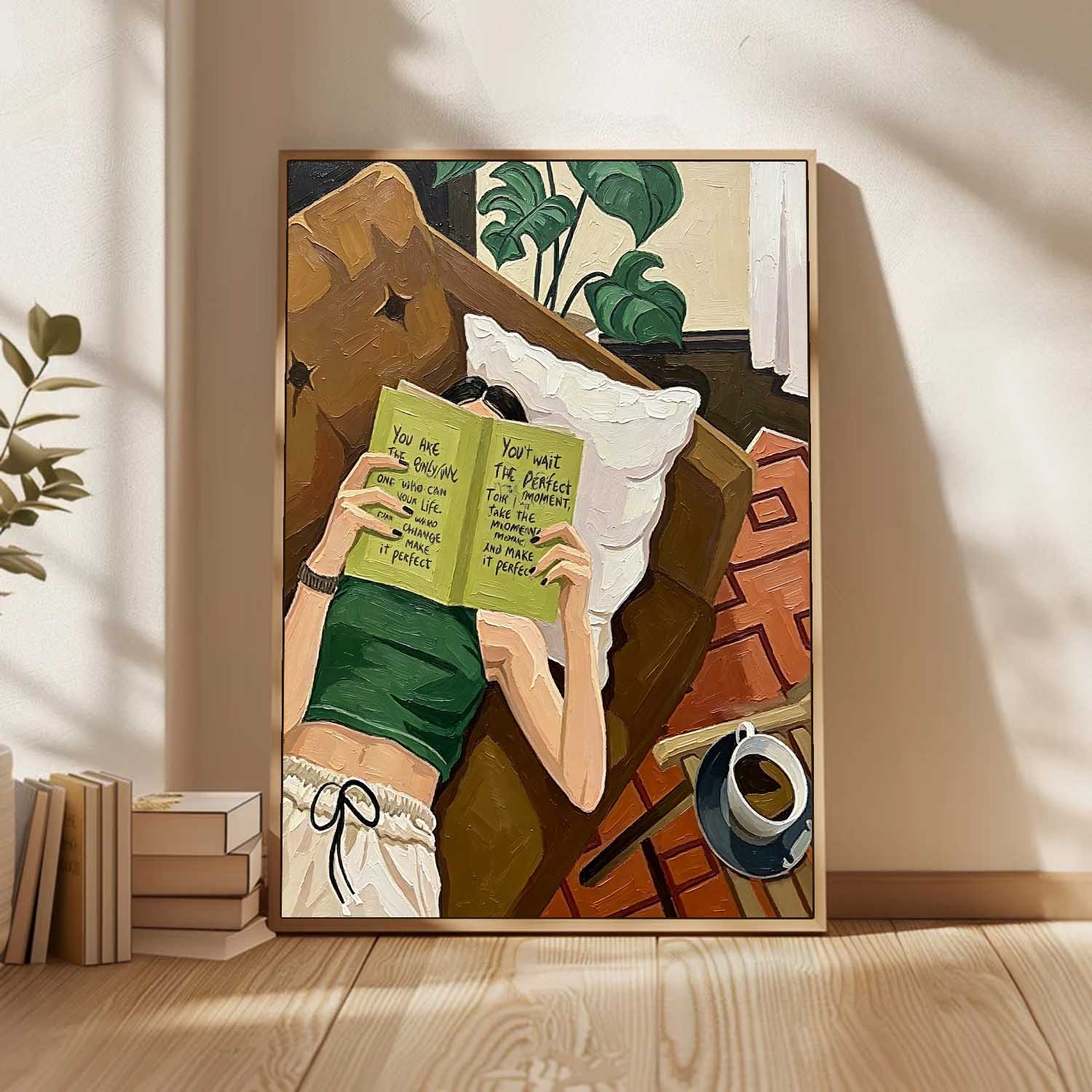 Textured Oil Painting Girl Reading Book with Quote, Modern Impasto Wall Art