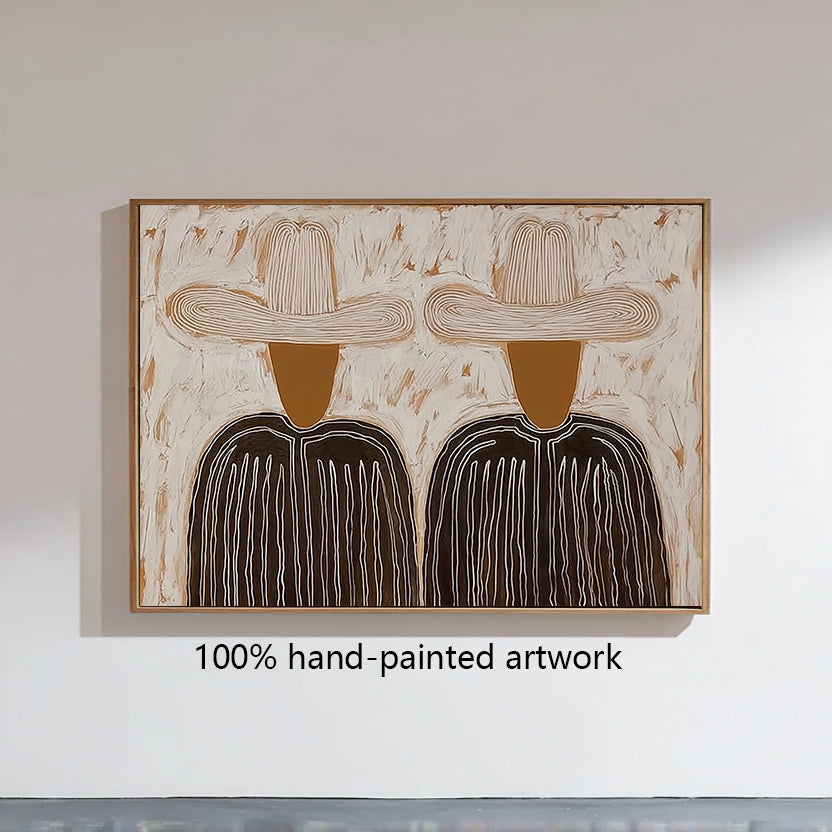 Minimalist character abstract art two cowboys with hats canvas painting