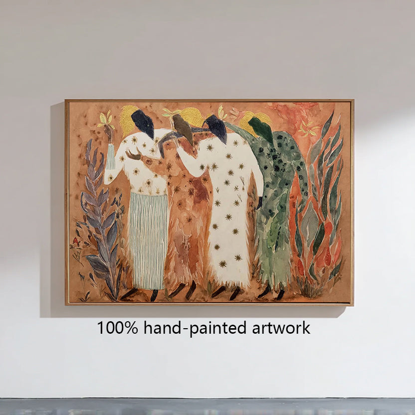 Modern style watercolor art Primitive style figure art Folk art figurative painting