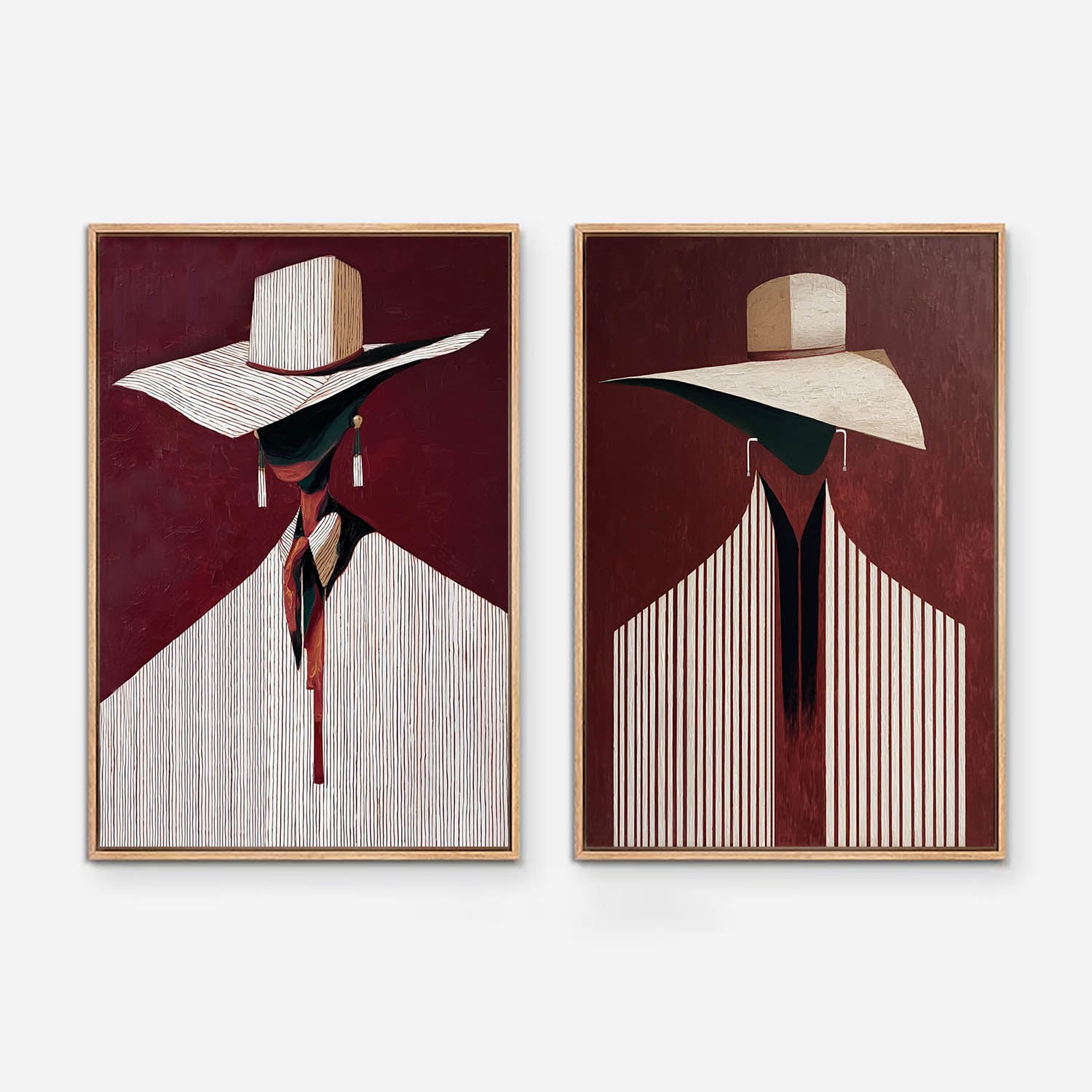Mid-Century Modern Abstract Lady Oil Painting - Burgundy & Stripe Fashion Figurative Diptych