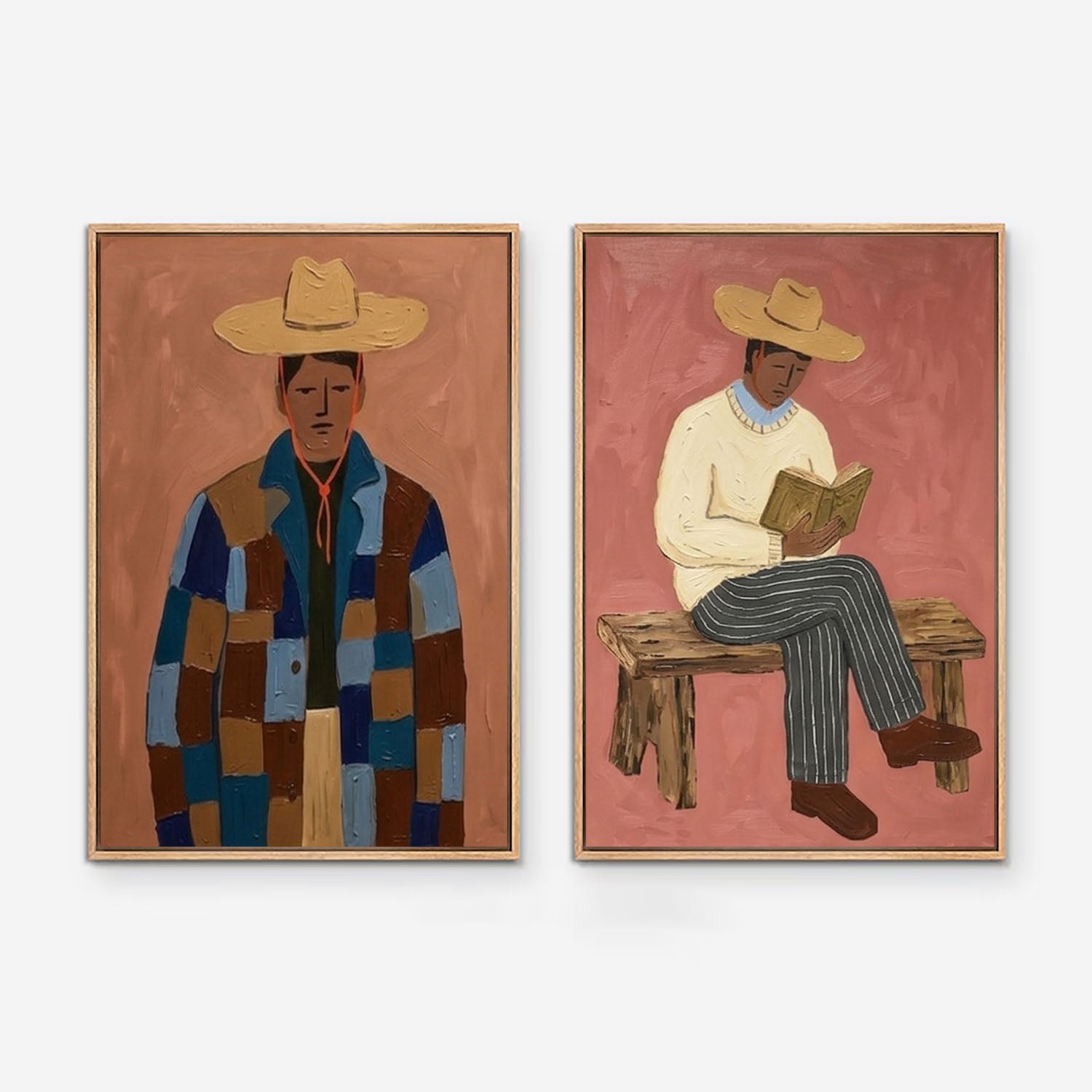 Hand-Painted Folk Modernist Oil Painting - Retro Male Portrait Set - Mid-Century Rustic Wall Decor