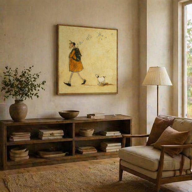 Man Walking with and Dog Earthy Tones Minimalist Character & Animals Oil Painting