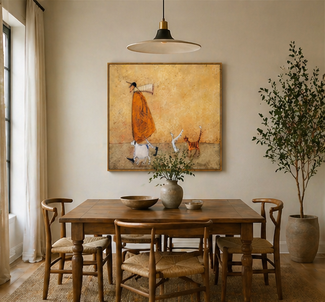 Earthy Tones Minimalist Character & Animals Oil Painting - Man Walking with Cat, and Dog