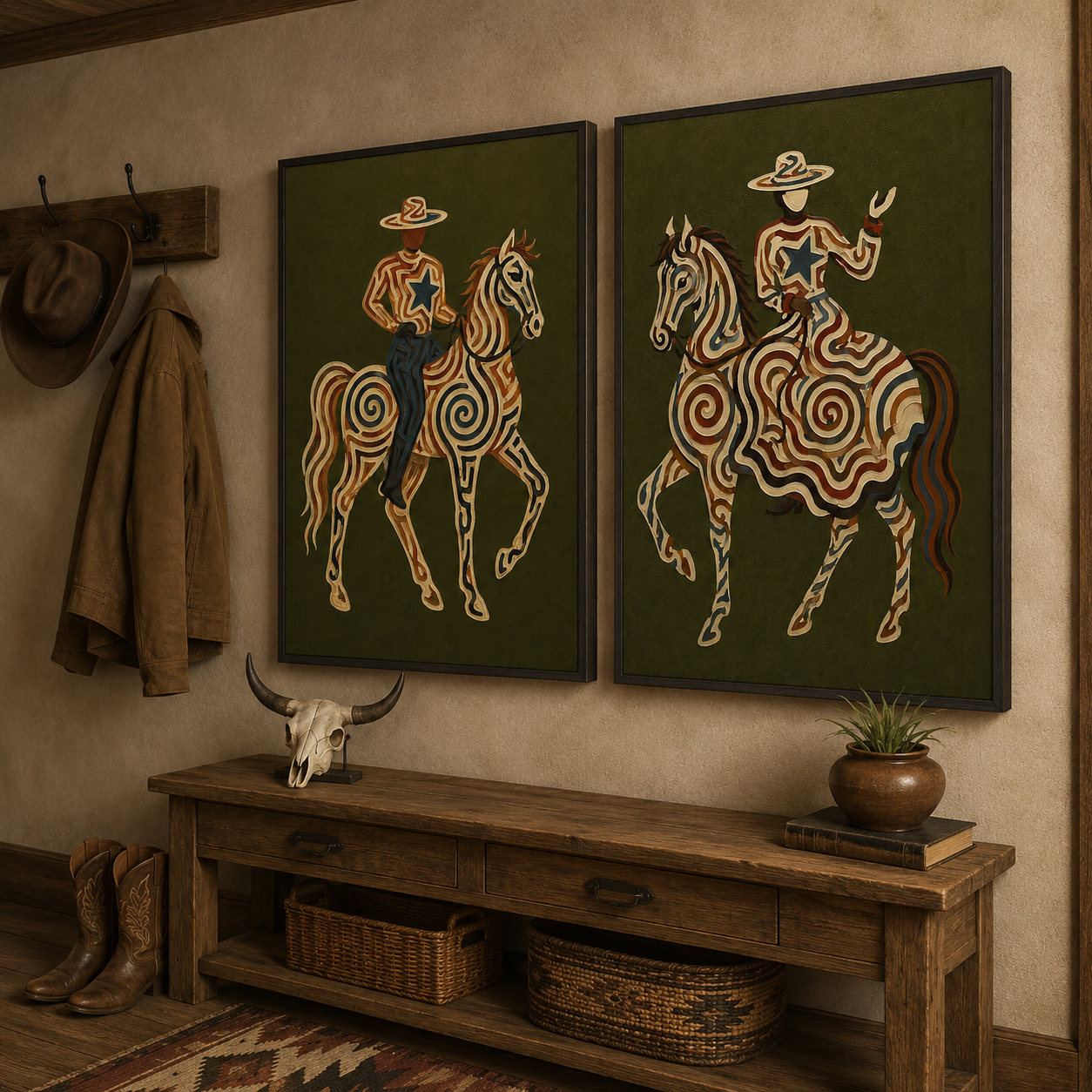 Vintage Patterned Tribal Horse And Cowboy Wall Art Set Of 2 For Living Room Wall Decor